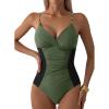 imageAleumdr Women One Piece Swimsuit Tummy Control V Neck Ruched Bathing Suit Push Up Gold Metal Modest Slimming SwimwearGreen