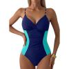 imageAleumdr Women One Piece Swimsuit Tummy Control V Neck Ruched Bathing Suit Push Up Gold Metal Modest Slimming SwimwearNavy Blue