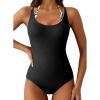 imageAleumdr Womens Color Block One Piece Swimsuit Halter Tummy Control Swimwear Bathing Suit Textured Bathing SuitsBlack
