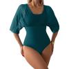 imageAleumdr Womens One Piece Swimsuit Modest Tummy Control Bathing Suit V Neck Mesh Sleeve Slimming Swimwear BeachwearGreen