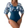 imageAleumdr Womens One Piece Swimsuit Modest Tummy Control Bathing Suit V Neck Mesh Sleeve Slimming Swimwear BeachwearSail Blue