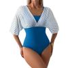 imageAleumdr Womens One Piece Swimsuit Modest Tummy Control Bathing Suit V Neck Mesh Sleeve Slimming Swimwear BeachwearStripes Blue