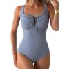 imageAleumdr Womens Textured One Piece Swimsuit Tummy Control Bathing Suit with Bow Tie Knot Cutout Ruching SwimwearBeau Blue Grey