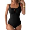 imageAleumdr Womens Textured One Piece Swimsuit Tummy Control Bathing Suit with Bow Tie Knot Cutout Ruching SwimwearBlack