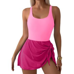 imageAleumdr One Piece Swimdress Swimsuit for Women Tummy Control with Mesh Skirt Tie Knot Swim Dresses Bathing SuitHot Pink