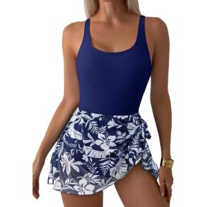 imageAleumdr One Piece Swimdress Swimsuit for Women Tummy Control with Mesh Skirt Tie Knot Swim Dresses Bathing SuitNavy Blue