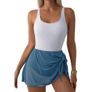 imageAleumdr One Piece Swimdress Swimsuit for Women Tummy Control with Mesh Skirt Tie Knot Swim Dresses Bathing SuitSky Blue Stripe