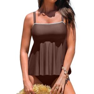 imageAleumdr Tankini Swimsuits for Women Modest Two Piece Bathing Suit Square Neck Swim Top with High Waisted BottomDark Brown