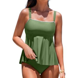 imageAleumdr Tankini Swimsuits for Women Modest Two Piece Bathing Suit Square Neck Swim Top with High Waisted BottomMist Green