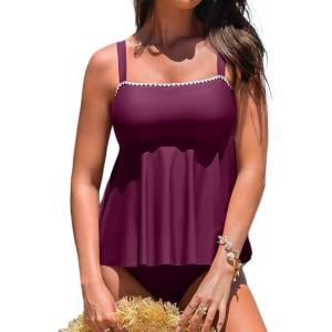 imageAleumdr Tankini Swimsuits for Women Modest Two Piece Bathing Suit Square Neck Swim Top with High Waisted BottomViolet