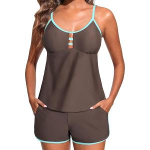 imageAleumdr Women Blouson Color Block Tankini Swimsuits Tummy Control Modest Two Piece Bathing Suits with PocketsCoffee