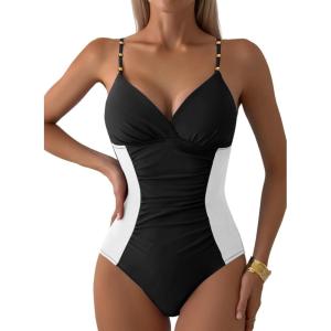 imageAleumdr Women One Piece Swimsuit Tummy Control V Neck Ruched Bathing Suit Push Up Gold Metal Modest Slimming SwimwearBlack