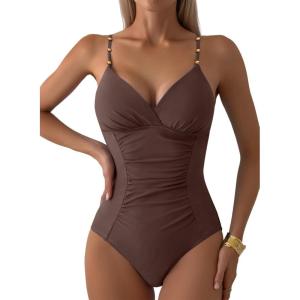 imageAleumdr Women One Piece Swimsuit Tummy Control V Neck Ruched Bathing Suit Push Up Gold Metal Modest Slimming SwimwearCoffee