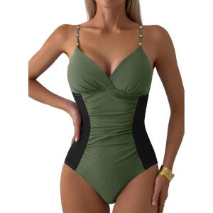 imageAleumdr Women One Piece Swimsuit Tummy Control V Neck Ruched Bathing Suit Push Up Gold Metal Modest Slimming SwimwearGreen