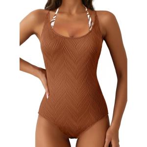 imageAleumdr Womens Color Block One Piece Swimsuit Halter Tummy Control Swimwear Bathing Suit Textured Bathing SuitsBrown