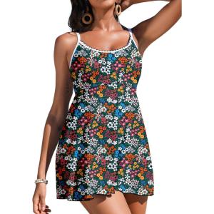 imageAleumdr Womens One Piece Swimsuit Floral Print Whip Stitch Tummy Control Swimdress Skirt Bathing Suit with PocketBlue Green