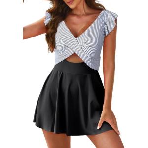 imageAleumdr Womens One Piece Swimsuit Ruffle Cutout Swimdress Tummy Control V Neck Wrap SwimwearBlack Striped