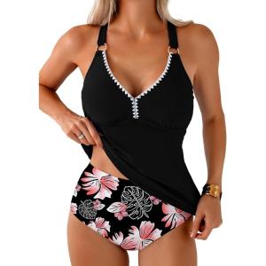 imageAleumdr Tankini Swimsuits for Women 2 Piece Tummy Control Bathing Suit V Neck Tankini Top with High Waisted BottomBlack