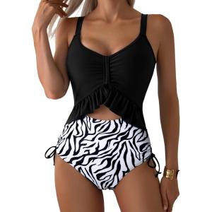 imageAleumdr Womens One Piece Swimsuit Ruffle Slimming Tummy Control Bathing Suits Cutout V Neck High Cut SwimwearBlack