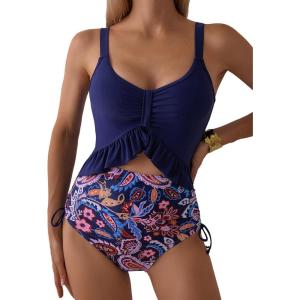 imageAleumdr Womens One Piece Swimsuit Ruffle Slimming Tummy Control Bathing Suits Cutout V Neck High Cut SwimwearNavy Blue