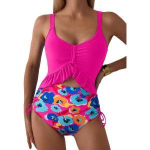 imageAleumdr Womens One Piece Swimsuit Ruffle Slimming Tummy Control Bathing Suits Cutout V Neck High Cut SwimwearRose Red