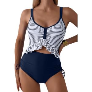 imageAleumdr Womens One Piece Swimsuit Ruffle Slimming Tummy Control Bathing Suits Cutout V Neck High Cut SwimwearStripe Blue
