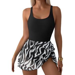 imageAleumdr One Piece Swimdress Swimsuit for Women Tummy Control Bathing Suits with Mesh Skirt Print Padded Push Swim Dress Tie Knot Slimming Swimwear Black White Large