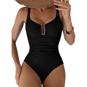 imageAleumdr Womens One Piece Swimsuits Tummy Control Bathing Suit UWire Cutout Ruched Slimming SwimwearBlack