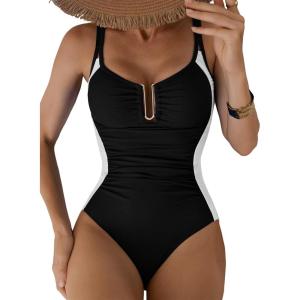 imageAleumdr Womens One Piece Swimsuits Tummy Control Bathing Suit UWire Cutout Ruched Slimming SwimwearBlack White
