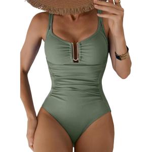 imageAleumdr Womens One Piece Swimsuits Tummy Control Bathing Suit UWire Cutout Ruched Slimming SwimwearMist Green
