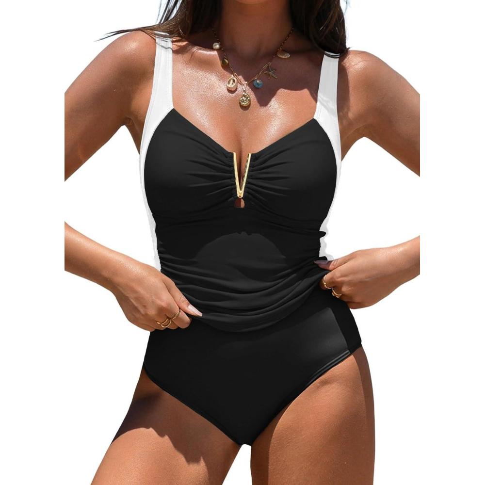 imageAleumdr Womens VWire Tankini Sets Ruched Two Piece Swimsuit Bathing Suit Color Block Swim Tops with BottomsBlack