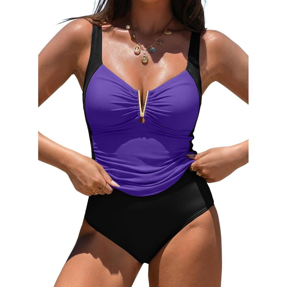 imageAleumdr Womens VWire Tankini Sets Ruched Two Piece Swimsuit Bathing Suit Color Block Swim Tops with BottomsPurple