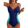 imageAleumdr Women One Piece Swimsuit Tummy Control V Neck Ruched Bathing Suit Push Up Gold Metal Modest Slimming SwimwearNavy Blue