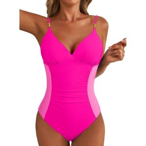 imageAleumdr Women One Piece Swimsuit Tummy Control V Neck Ruched Bathing Suit Push Up Gold Metal Modest Slimming SwimwearRose Red