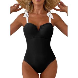 imageAleumdr Womens One Piece Swimsuits Tummy Control Bathing Suits V Neck Boho Tie Shoulder Ruched Full Coverage SwimwearBlack