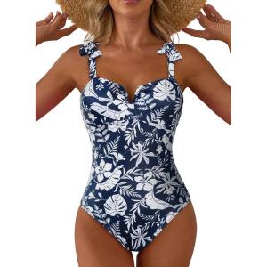 imageAleumdr Womens One Piece Swimsuits Tummy Control Bathing Suits V Neck Boho Tie Shoulder Ruched Full Coverage SwimwearNavy Blue