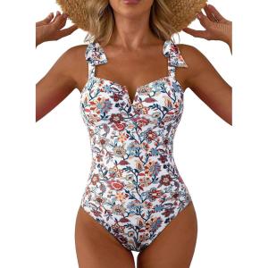 imageAleumdr Womens One Piece Swimsuits Tummy Control Bathing Suits V Neck Boho Tie Shoulder Ruched Full Coverage SwimwearRed