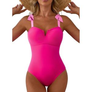imageAleumdr Womens One Piece Swimsuits Tummy Control Bathing Suits V Neck Boho Tie Shoulder Ruched Full Coverage SwimwearRose Red