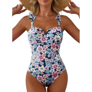 imageAleumdr Womens One Piece Swimsuits Tummy Control Bathing Suits V Neck Boho Tie Shoulder Ruched Full Coverage SwimwearSky Blue
