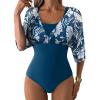 imageAleumdr Womens One Piece Swimsuit Modest Tummy Control Bathing Suit V Neck Mesh Sleeve Slimming Swimwear BeachwearSail Blue