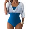 imageAleumdr Womens One Piece Swimsuit Modest Tummy Control Bathing Suit V Neck Mesh Sleeve Slimming Swimwear BeachwearStripes Blue