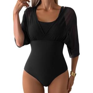 imageAleumdr Womens One Piece Swimsuit Modest Tummy Control Bathing Suit V Neck Mesh Sleeve Slimming Swimwear BeachwearBlack