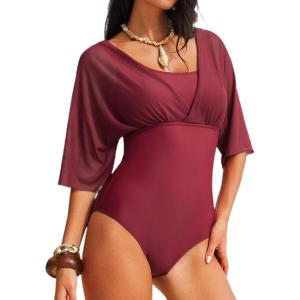 imageAleumdr Womens One Piece Swimsuit Modest Tummy Control Bathing Suit V Neck Mesh Sleeve Slimming Swimwear BeachwearBurgundy