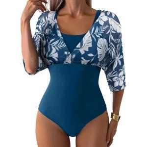 imageAleumdr Womens One Piece Swimsuit Modest Tummy Control Bathing Suit V Neck Mesh Sleeve Slimming Swimwear BeachwearSail Blue