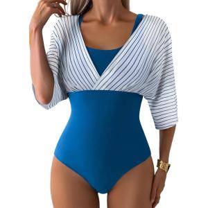 imageAleumdr Womens One Piece Swimsuit Modest Tummy Control Bathing Suit V Neck Mesh Sleeve Slimming Swimwear BeachwearStripes Blue