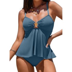 imageAleumdr Womens Tankini Bathing Suits Bandeau 2 Piece Swimsuits Shell Swim Tank Top with High Waisted BottomPeacock Blue