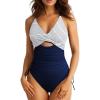 image:imageAleumdr Womens Ribbed One Piece Swimsuit Tummy Control High Cut Bathing Suit Sexy V Neck Criss Cross MonikiniStriped Blue
