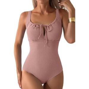 image:imageAleumdr Womens Textured One Piece Swimsuit Tummy Control Bathing Suit with Bow Tie Knot Cutout Ruching SwimwearDusty Pink