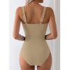 image:imageAleumdr Womens Textured One Piece Swimsuit Tummy Control Bathing Suit with Bow Tie Knot Cutout Ruching SwimwearParchment