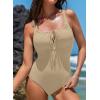 image:imageAleumdr Womens Textured One Piece Swimsuit Tummy Control Bathing Suit with Bow Tie Knot Cutout Ruching SwimwearParchment